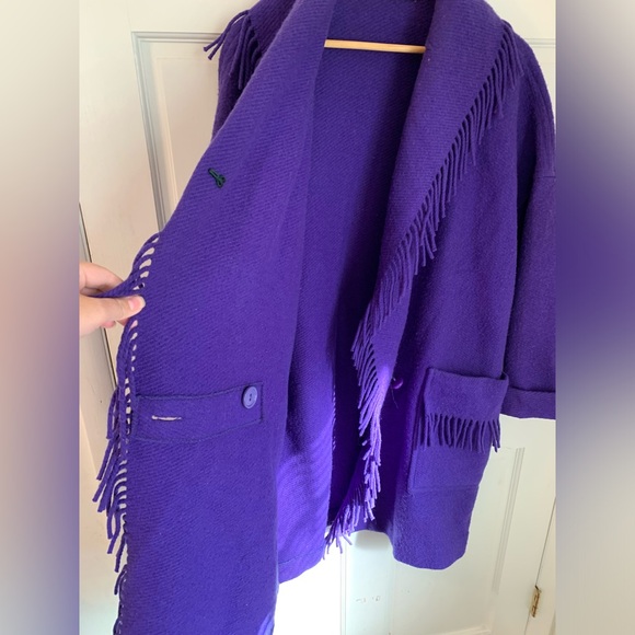Vintage 80s 90s Gallery 100% Wool Purple Oversized Fringe Blanket Coat M - Picture 8 of 14